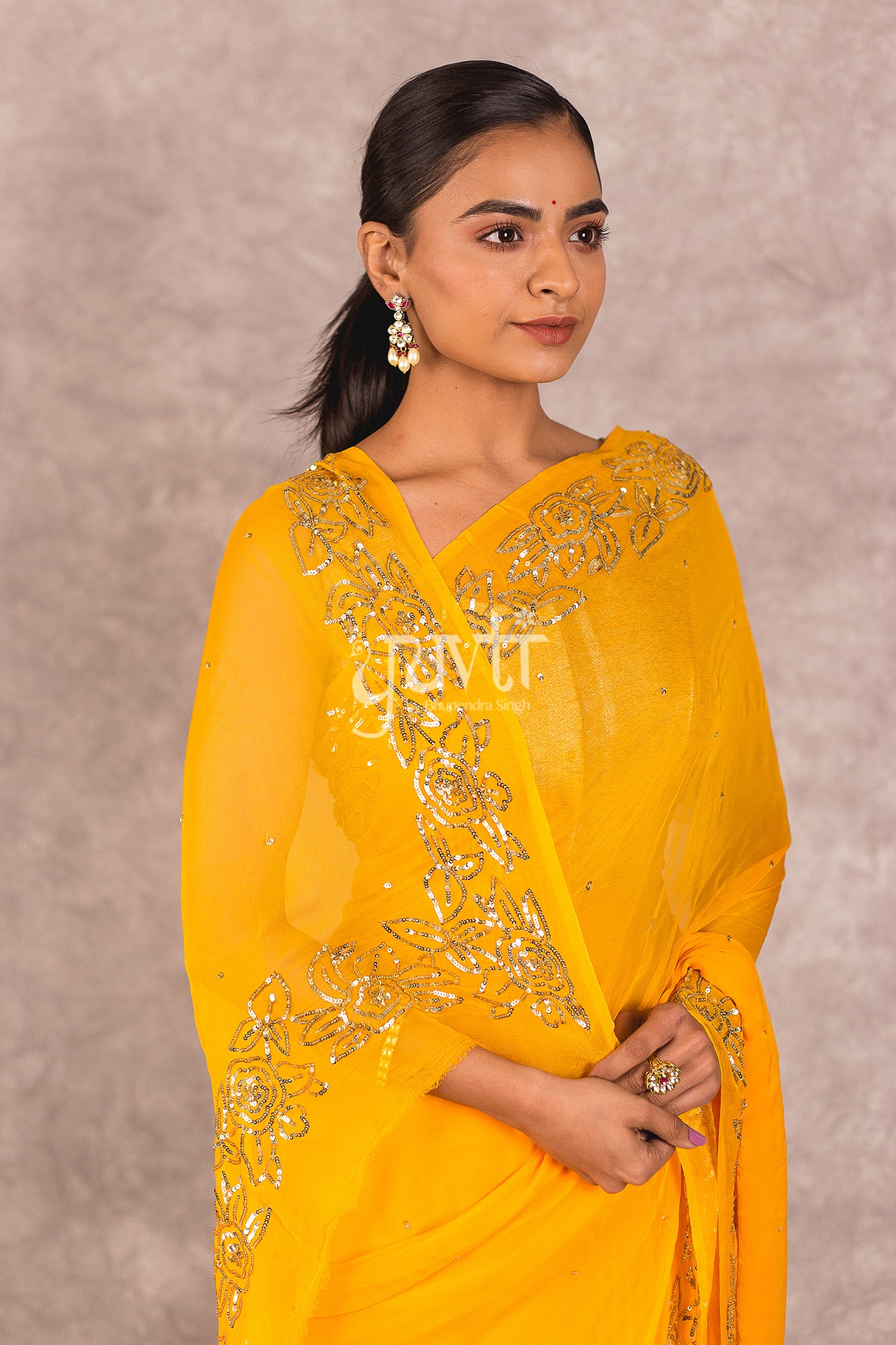 Yellow Viscose Chiffon Sequins Work Saree