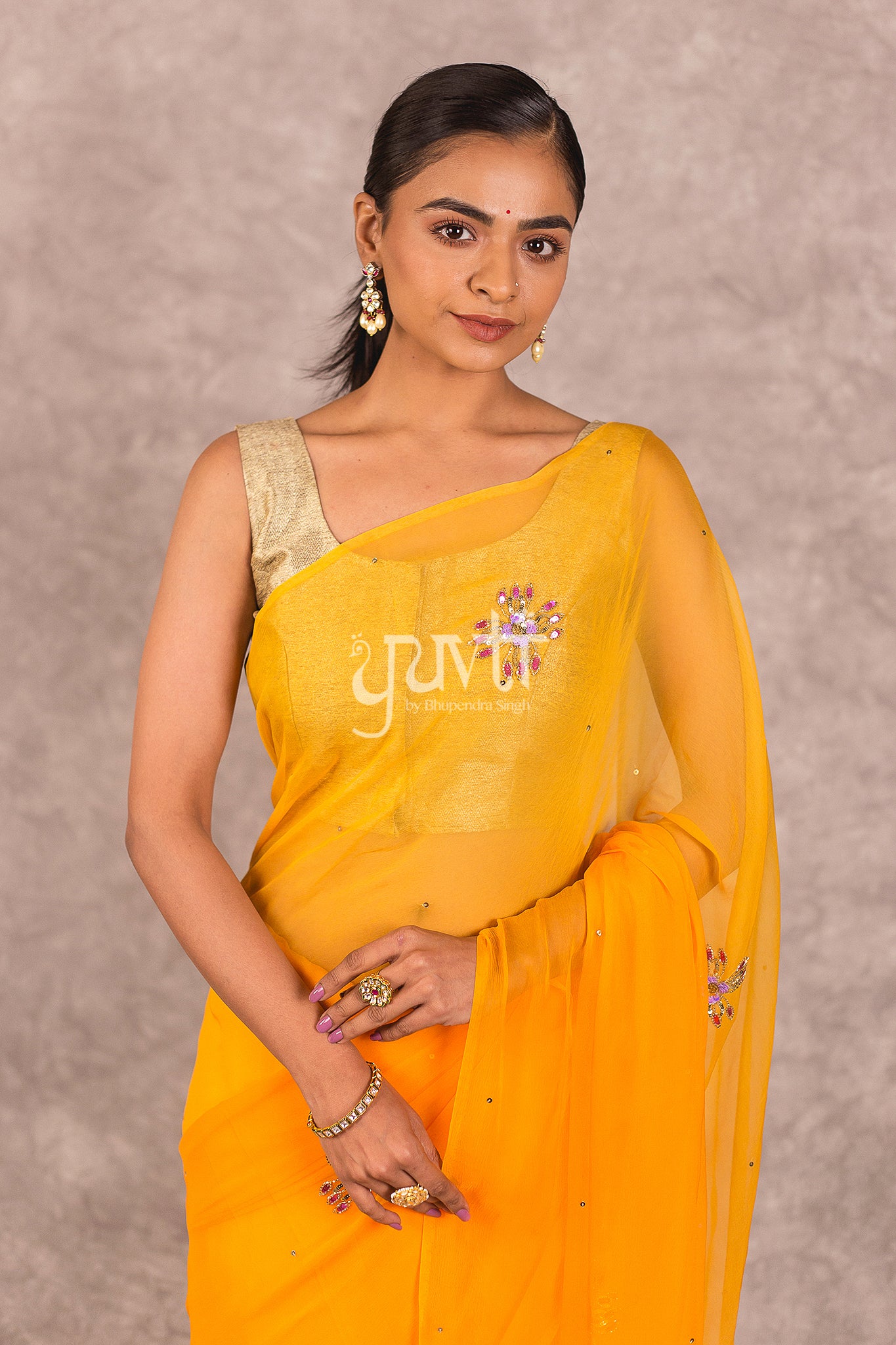 Yellow Viscose Chiffon Kardhana Sequins Work Saree