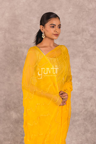 Yellow Viscose Chiffon Katori Resham work Saree