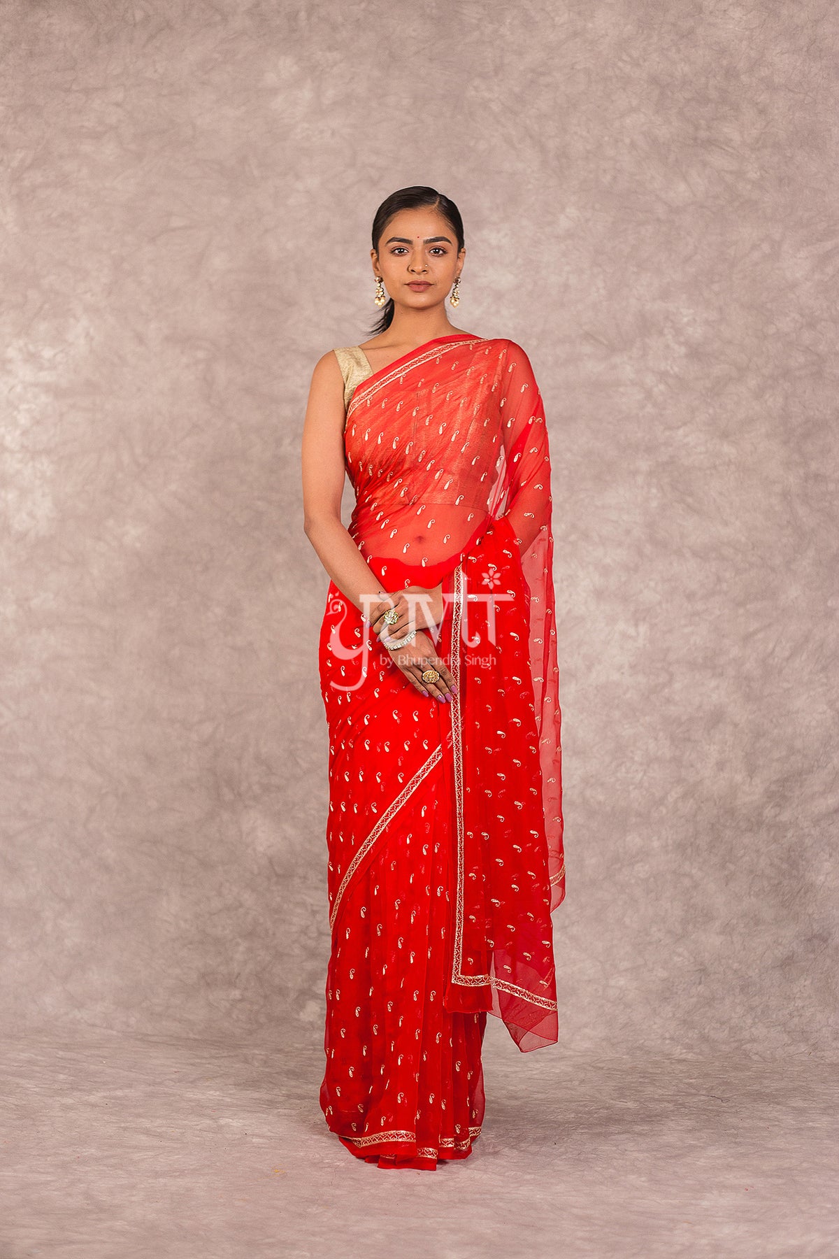 Red Viscose Chiffon Aari Work Saree