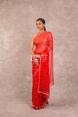 Red Viscose Chiffon Aari Work Saree