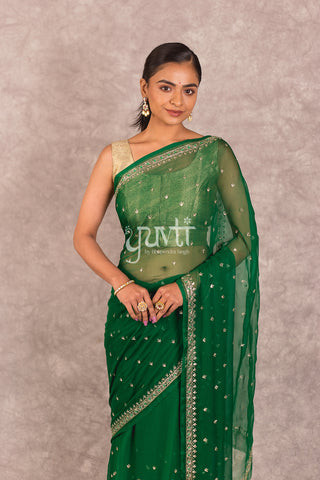 Green Viscose Chiffon Aari Work Saree