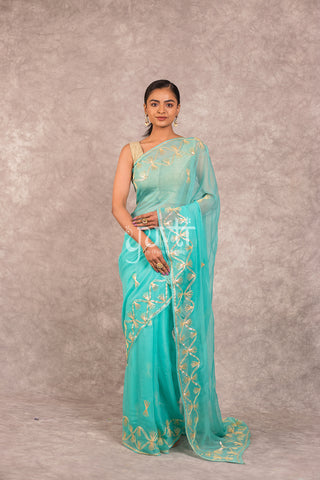 Sea Green Gotapatti Chiffon Saree