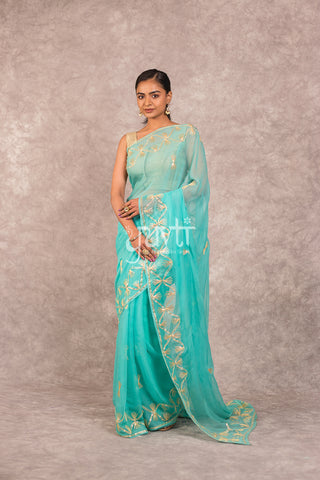 Sea Green Gotapatti Chiffon Saree