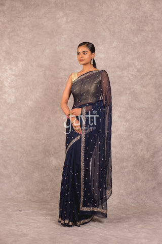 Blue Viscose Chiffon Zari Work Saree