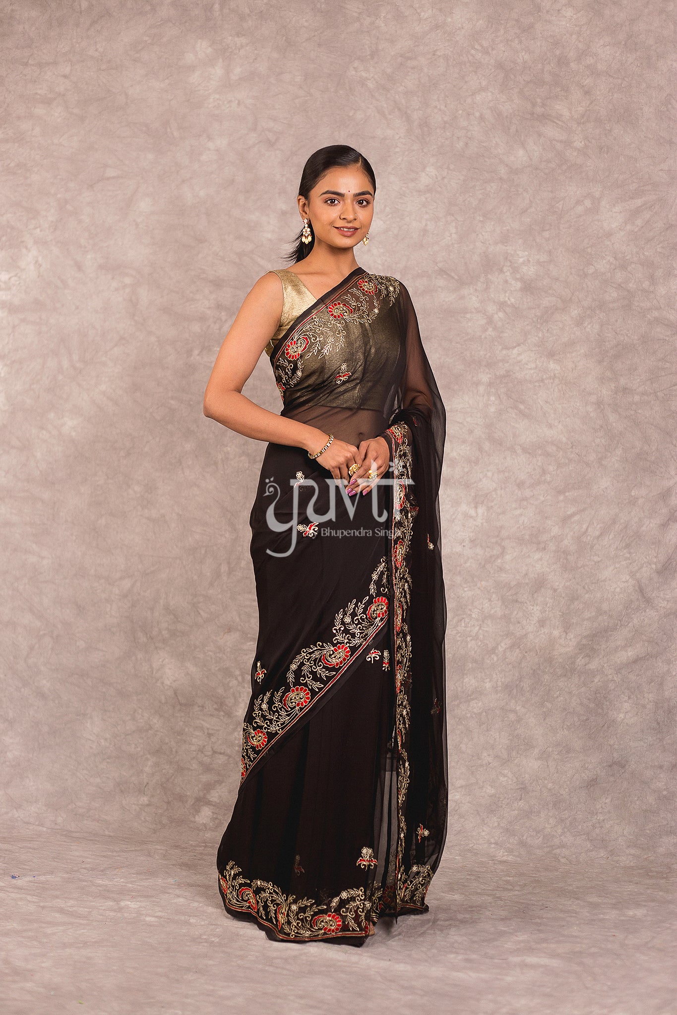 Black Viscose Chiffon Aari Resham Work Saree