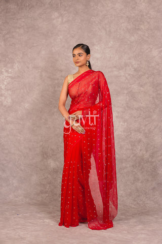 Red Viscose Chiffon Kundan Resham work Saree