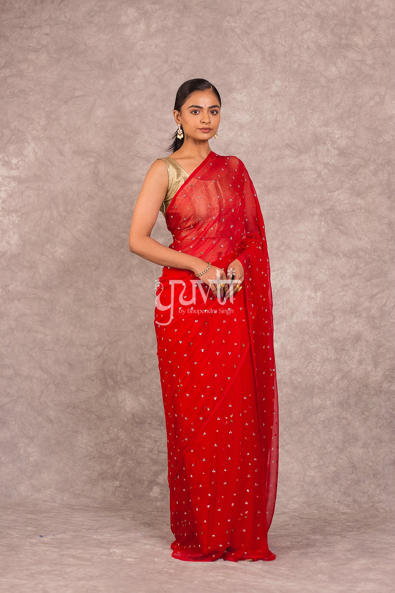 Red Viscose Chiffon Kundan Resham Work Saree