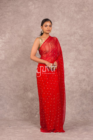 Red Viscose Chiffon Kundan Resham work Saree