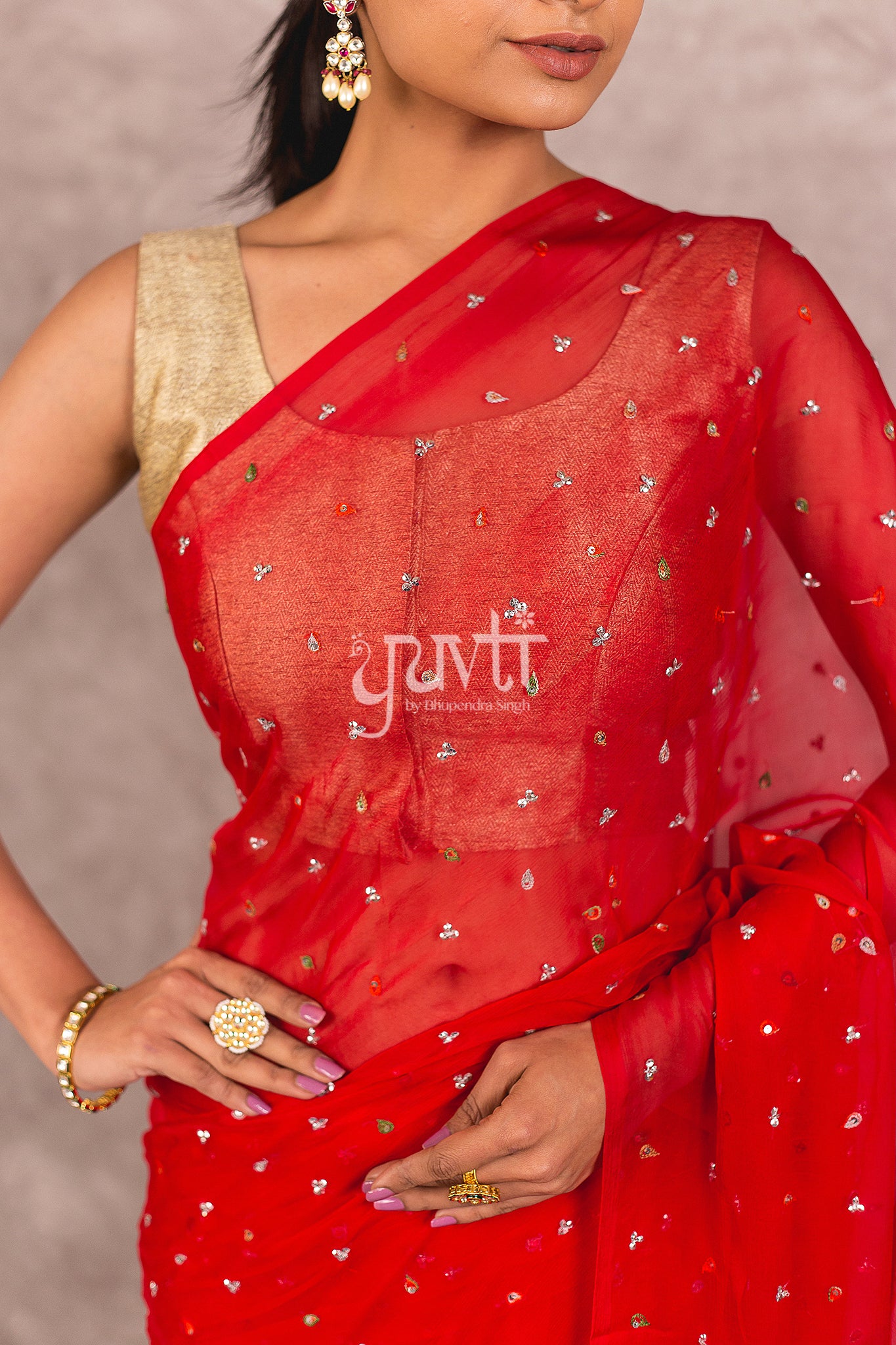 Red Viscose Chiffon Kundan Resham Work Saree