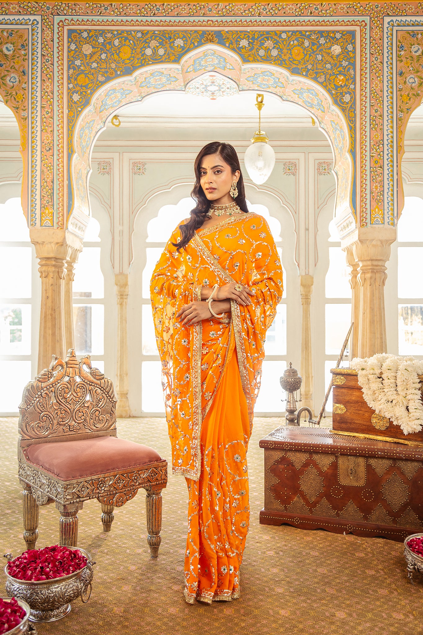 Yellow Kesariya Pure Chiffon Gota Patti Jaal  Handwork Saree