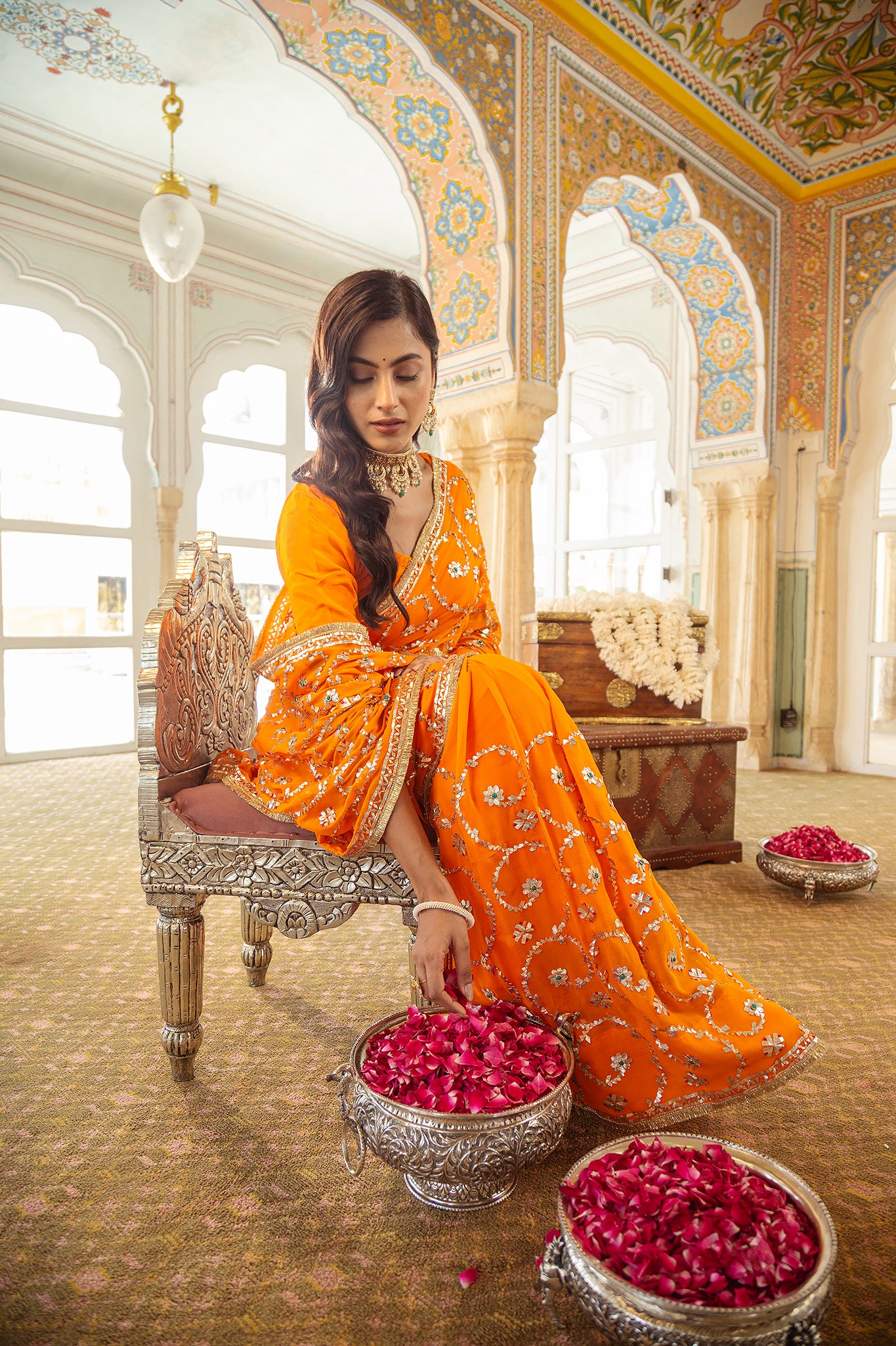 Yellow Kesariya Pure Chiffon Gota Patti Jaal  Handwork Saree