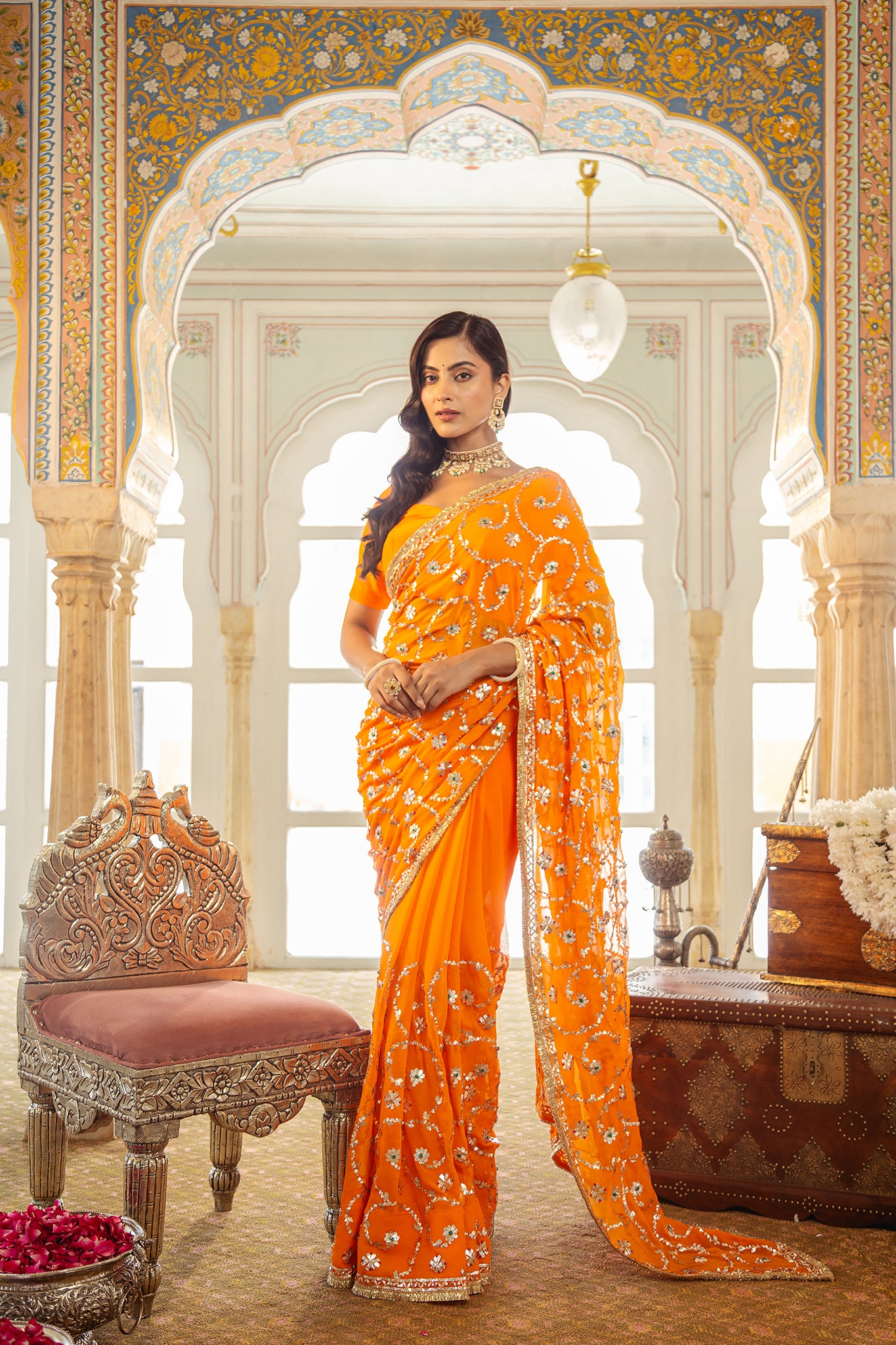 Yellow Kesariya Pure Chiffon Gota Patti Jaal  Handwork Saree