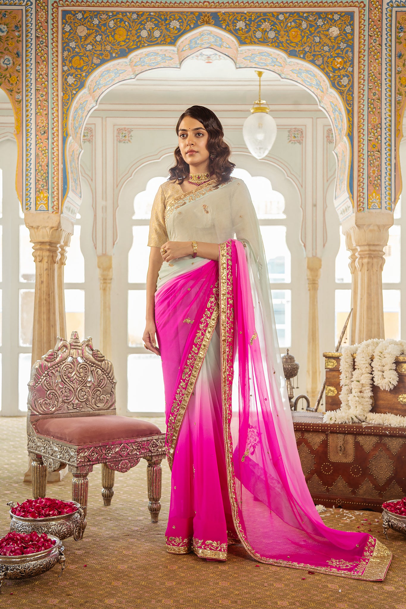 Pink Mint Shaded Pure Chiffon Copper Laffa Zardozi Salma Handwork  Saree