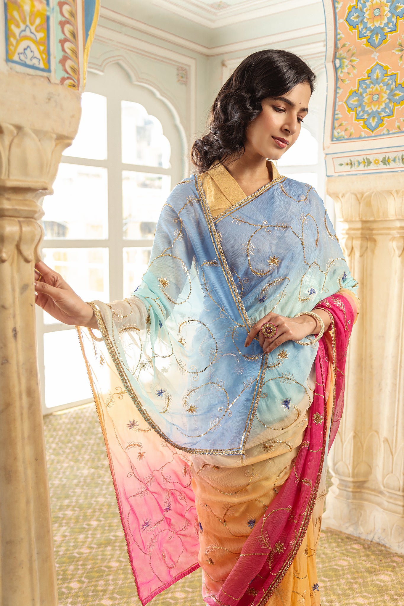 Rani Sky Shaded Pure Chiffon Aari Tari Handwork  Saree