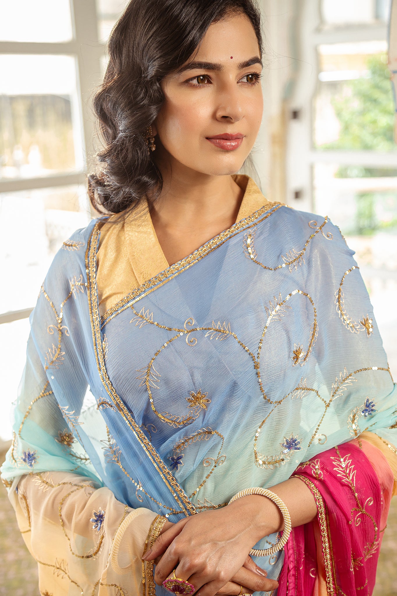 Rani Sky Shaded Pure Chiffon Aari Tari Handwork  Saree