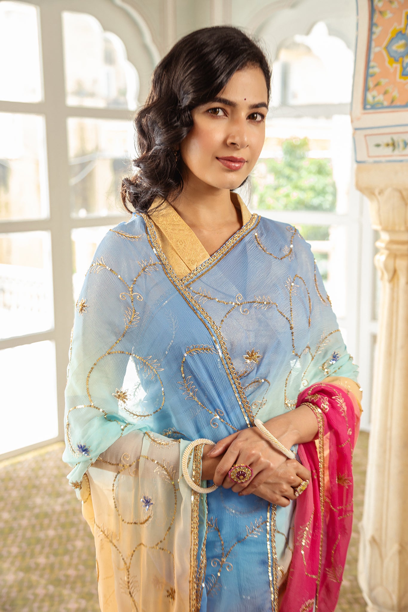 Rani Sky Shaded Pure Chiffon Aari Tari Handwork  Saree