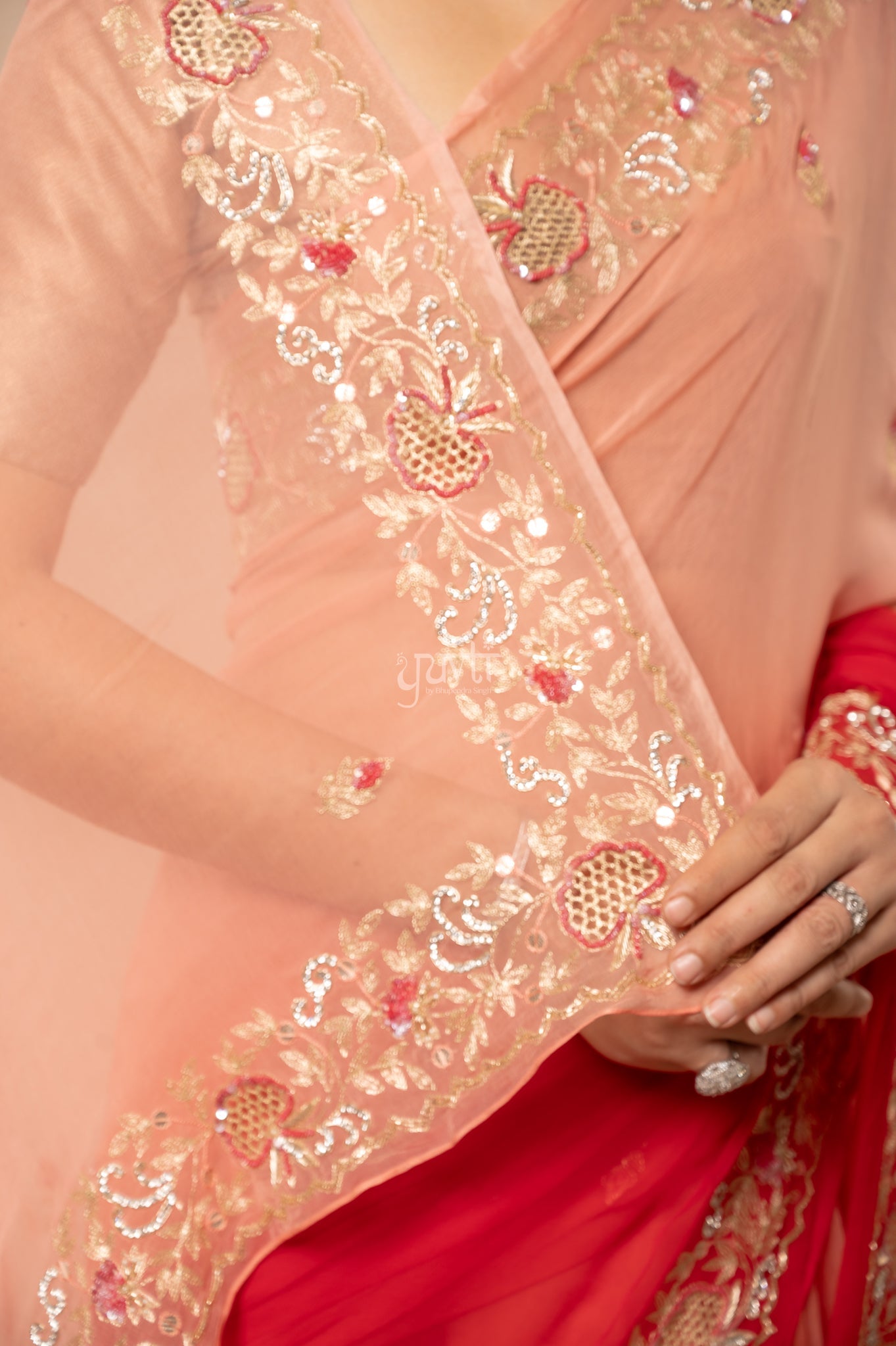 Peach Red Shaded Viscose Chiffon Aari Sequins Cutwork Border & (Butti) Handwork Party  Saree