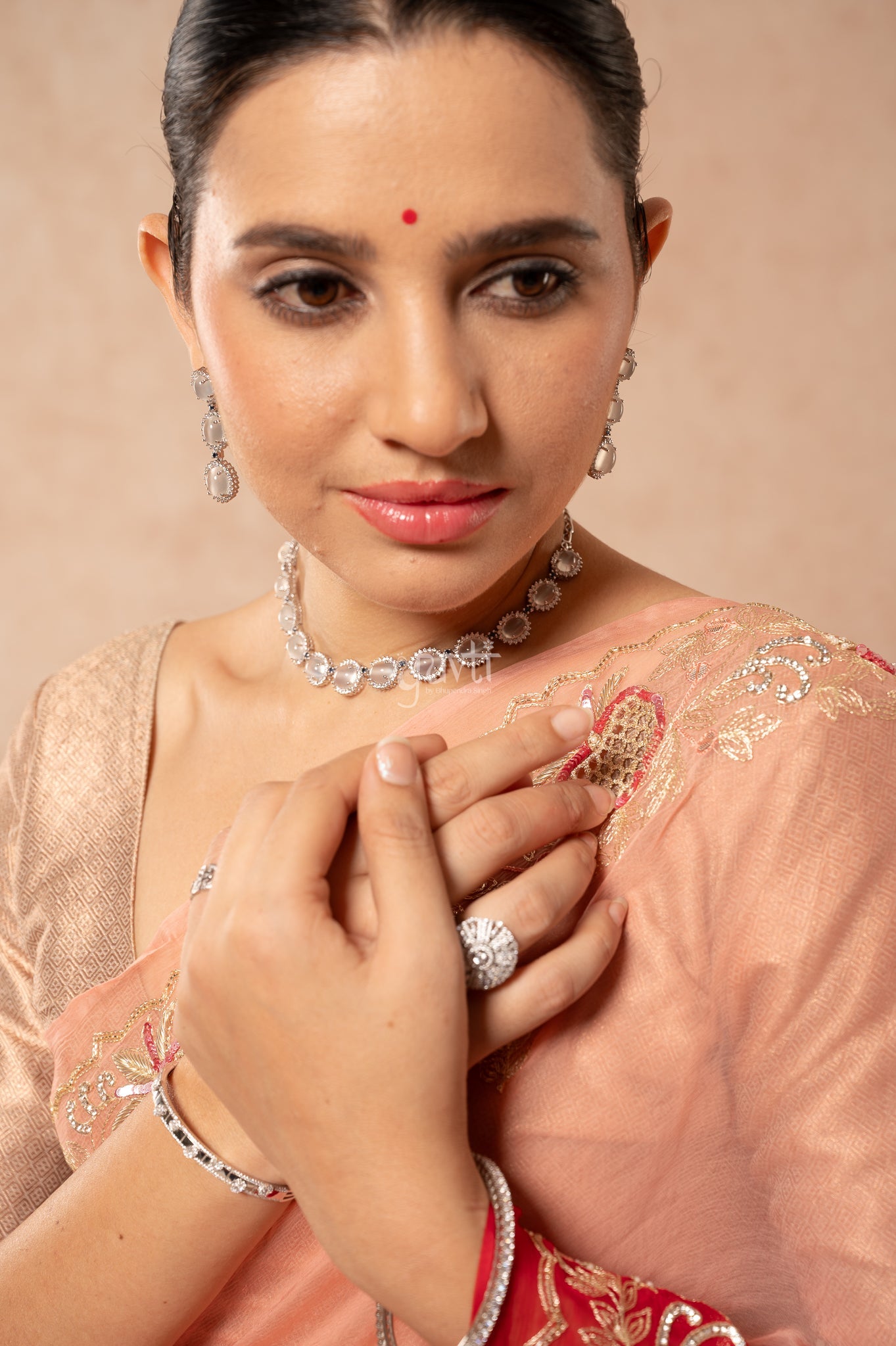 Peach Red Shaded Viscose Chiffon Aari Sequins Cutwork Border & (Butti) Handwork Party  Saree