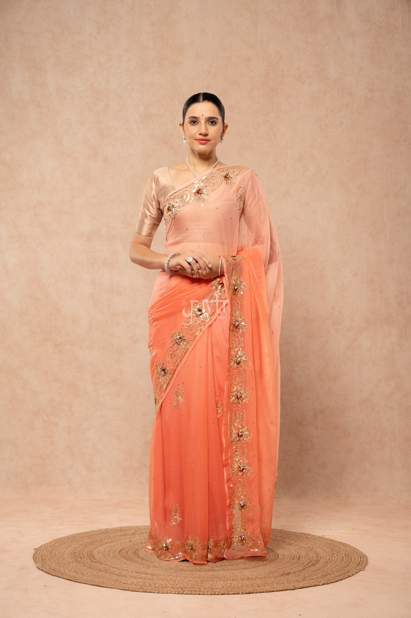 Peach Shaded Viscose Chiffon Aari Sequins Border & Flower Motifs (Butti) Handwork  Saree  with Blouse
