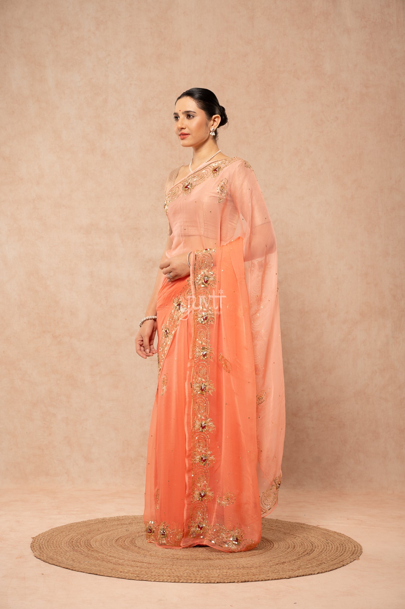 Peach Shaded Viscose Chiffon Aari Sequins Border & Flower Motifs (Butti) Handwork  Saree  with Blouse