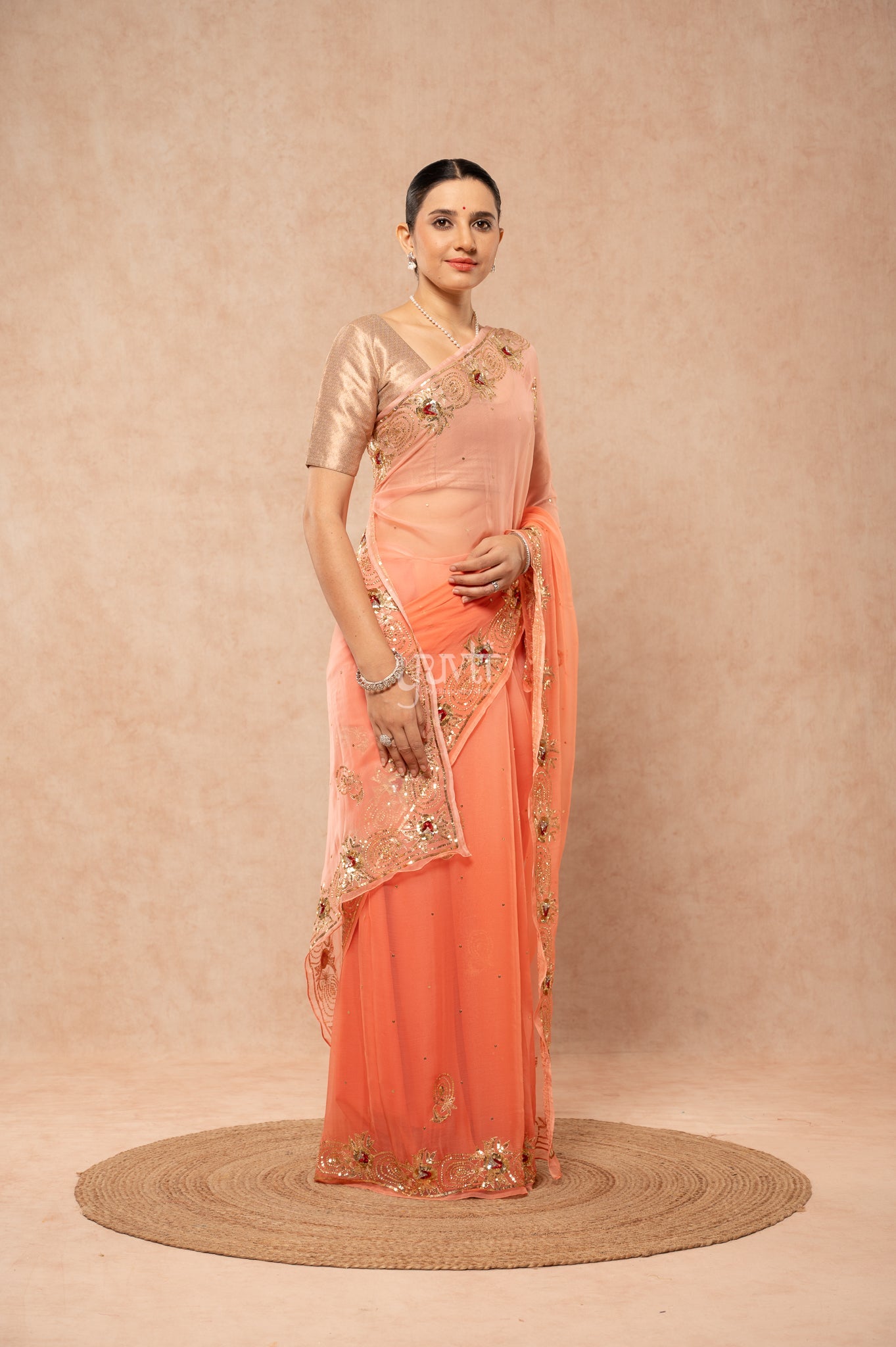 Peach Shaded Viscose Chiffon Aari Sequins Border & Flower Motifs (Butti) Handwork  Saree  with Blouse