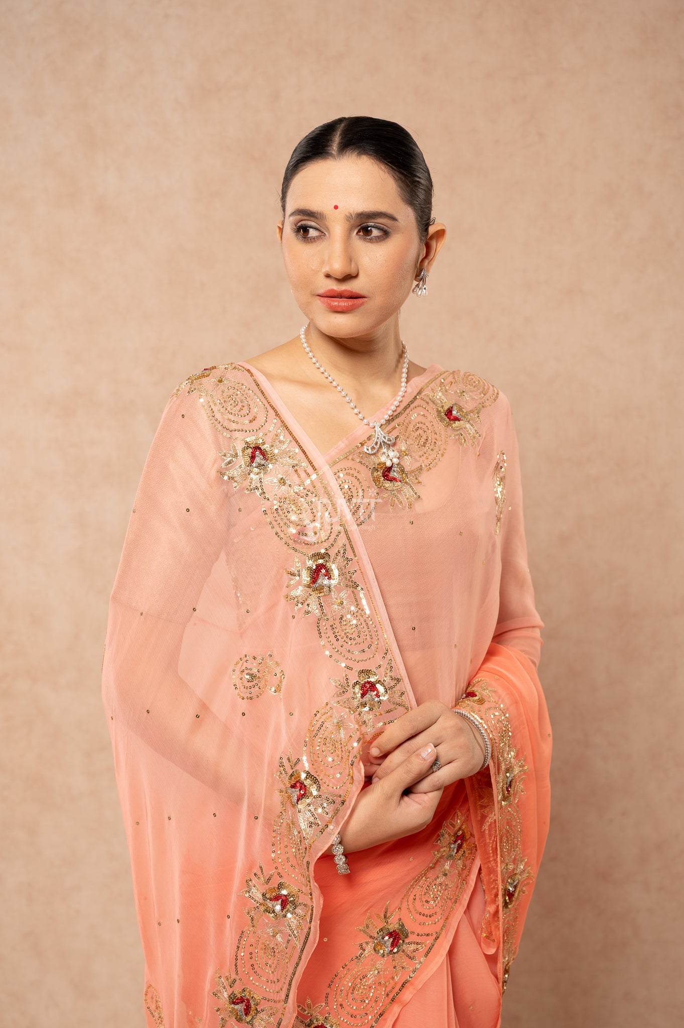 Peach Shaded Viscose Chiffon Aari Sequins Border & Flower Motifs (Butti) Handwork  Saree  with Blouse