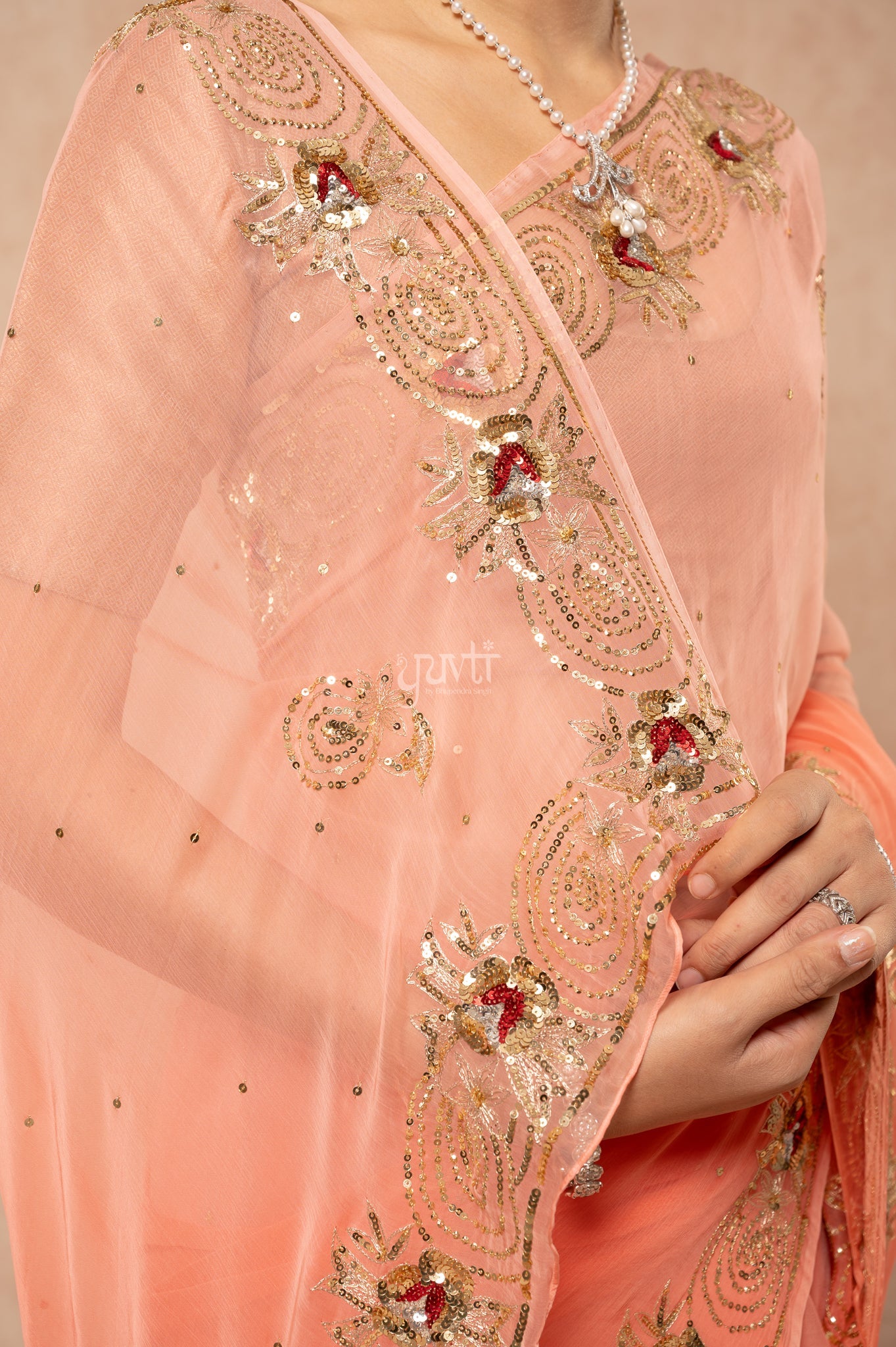 Peach Shaded Viscose Chiffon Aari Sequins Border & Flower Motifs (Butti) Handwork  Saree  with Blouse