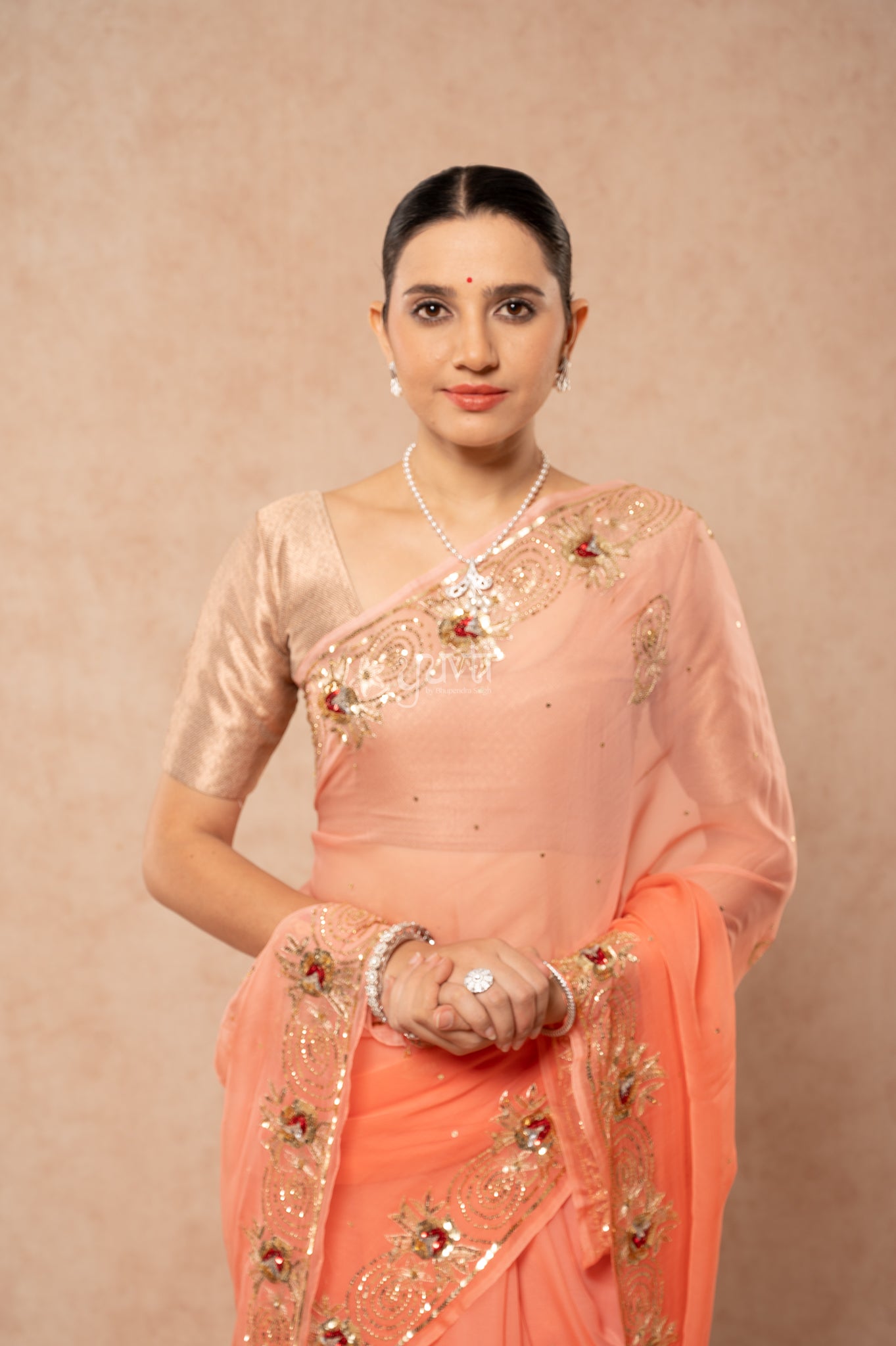 Peach Shaded Viscose Chiffon Aari Sequins Border & Flower Motifs (Butti) Handwork  Saree  with Blouse