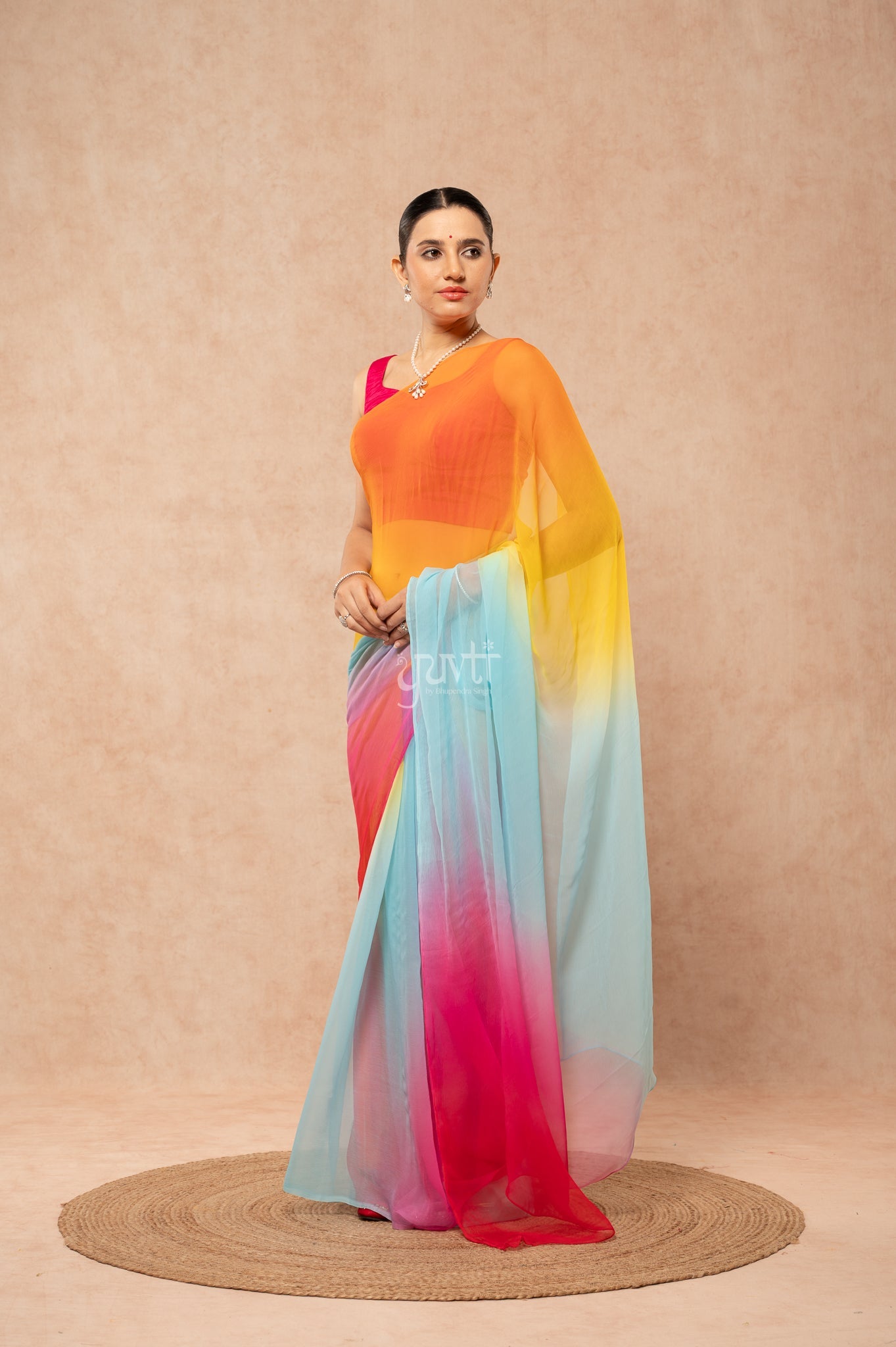 Red Rani Orange Yellow Aqua Viscose Chiffon Multicolour Hand-Dye  Saree  with Blouse