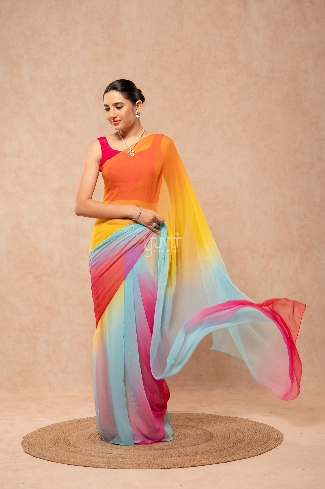 Red Rani Orange Yellow Aqua Viscose Chiffon Multicolour Hand-Dye  Saree  with Blouse