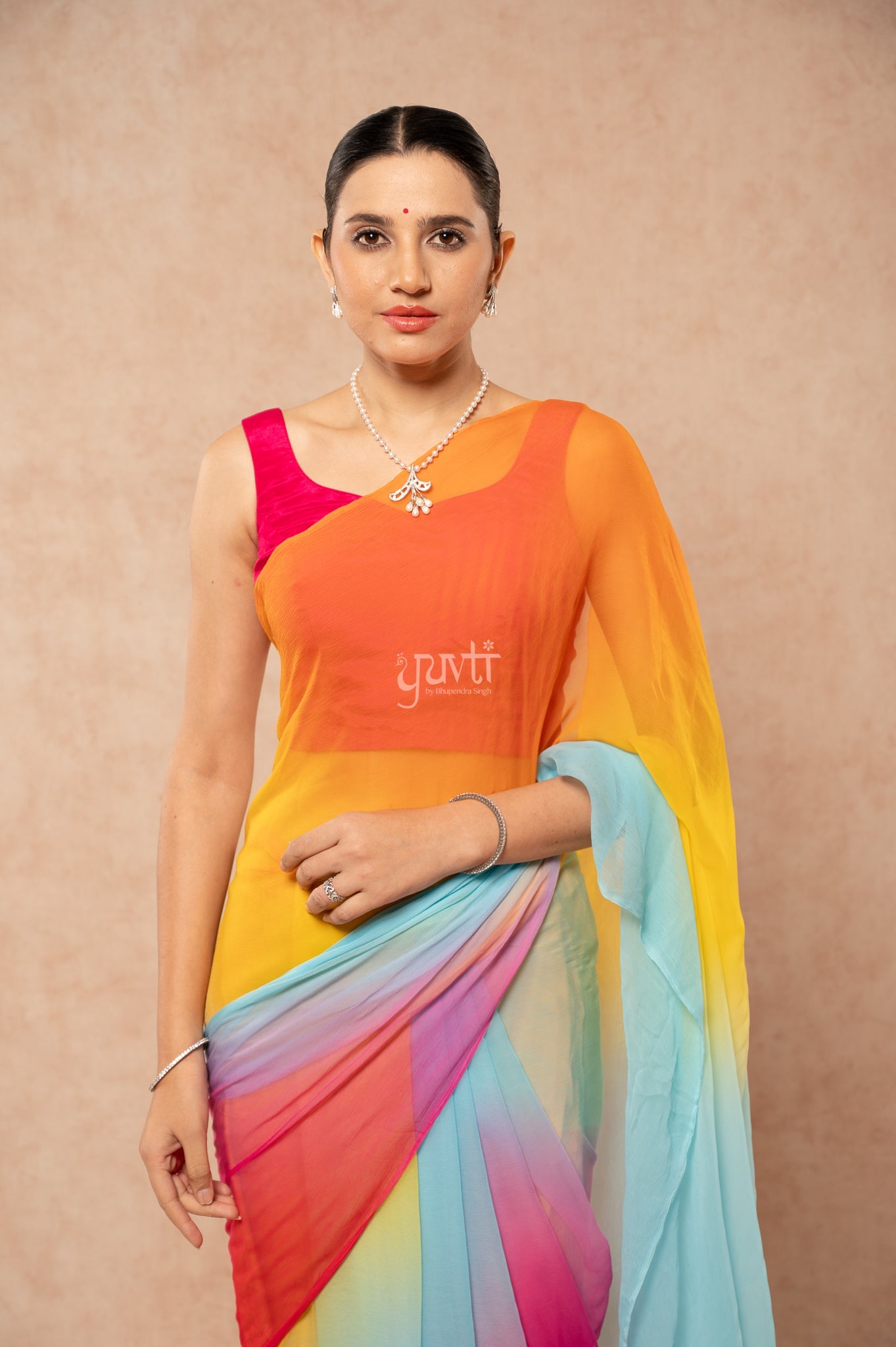 Red Rani Orange Yellow Aqua Viscose Chiffon Multicolour Hand-Dye  Saree  with Blouse