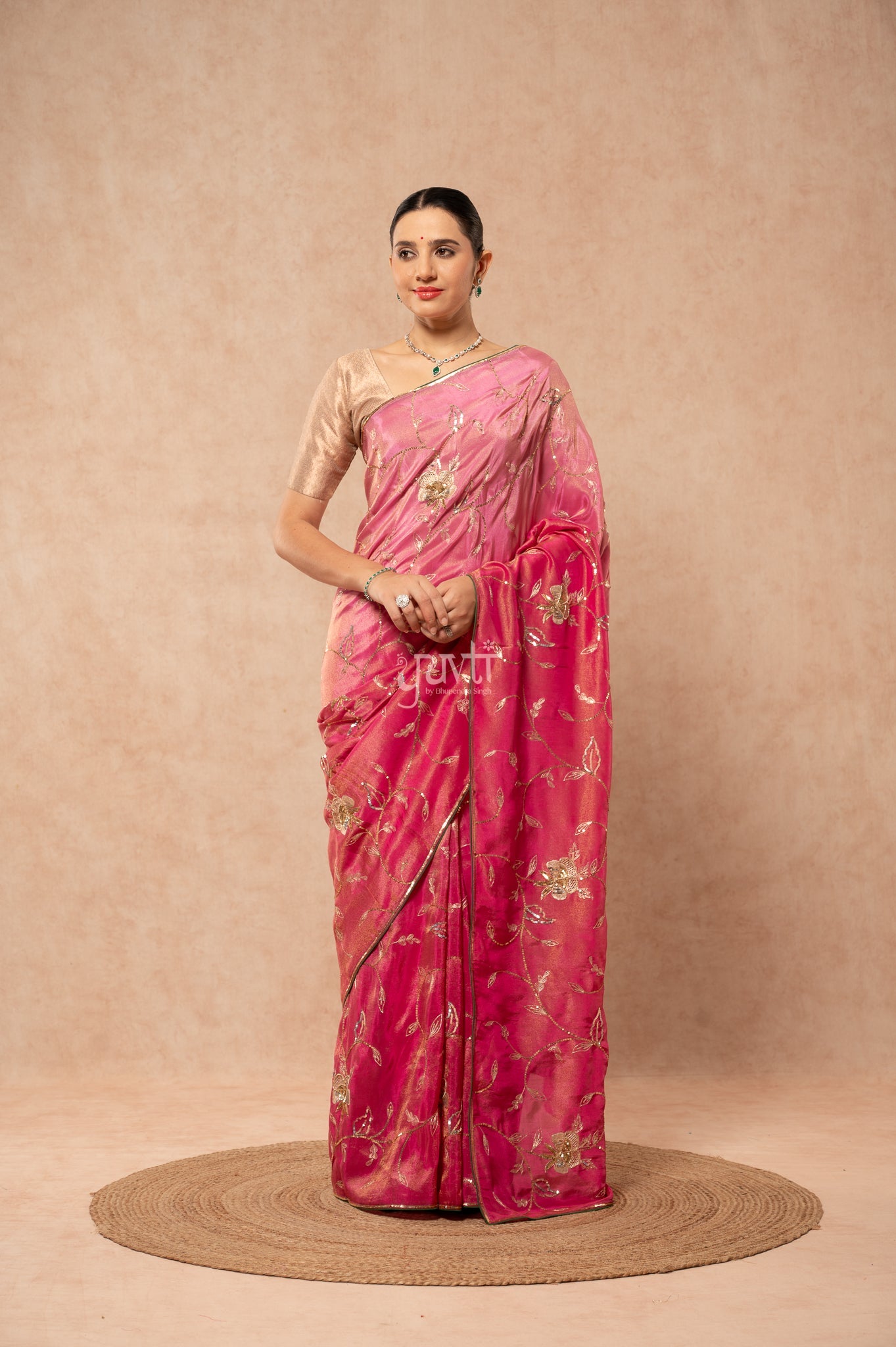 Rani Shaded Viscose Tissue Aari Sequins Jaal Handwork Party  Saree