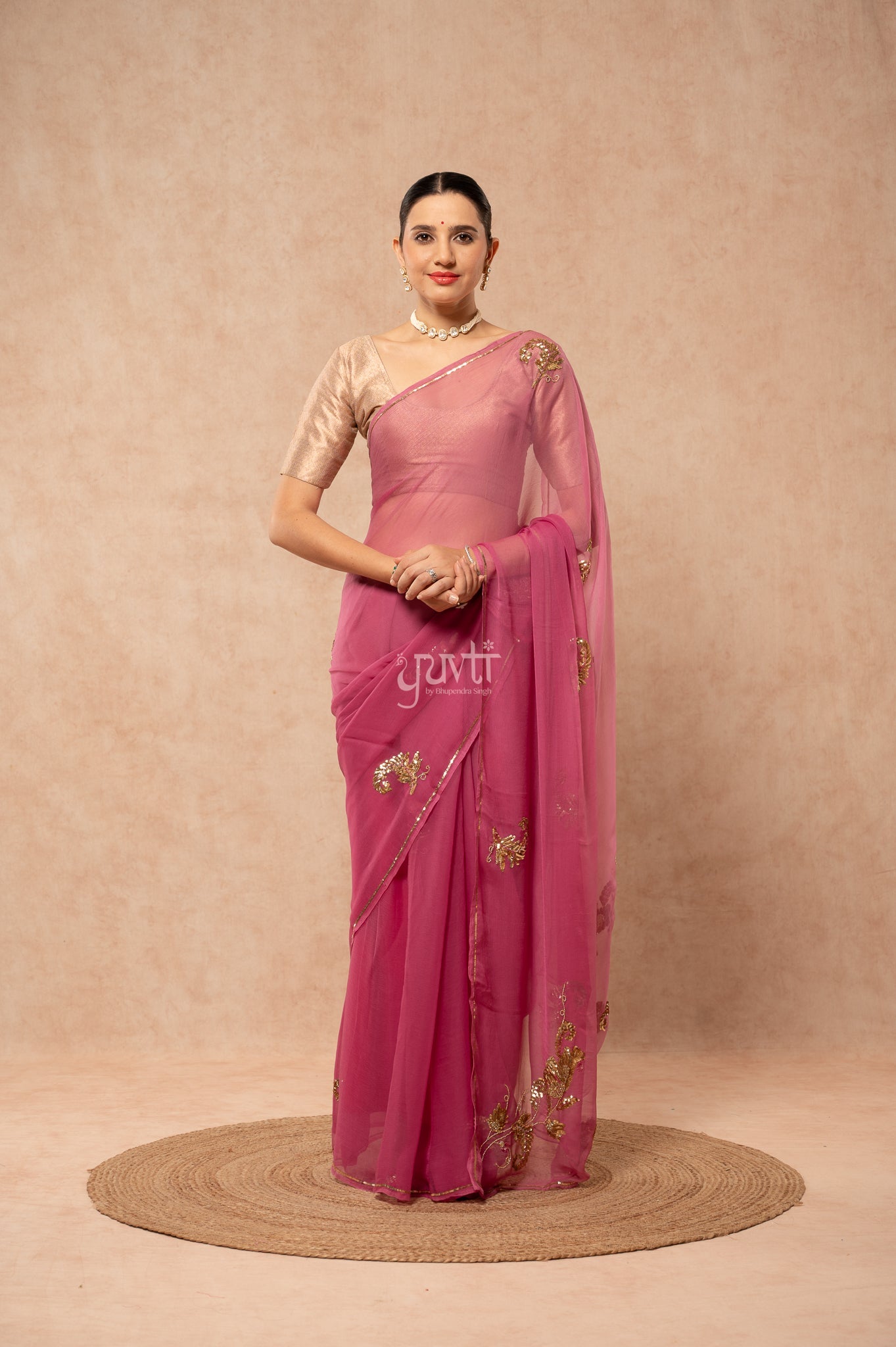 Rose Pink Viscose Chiffon Sequins Kardana Motifs ( Butti ) Handwork  Saree