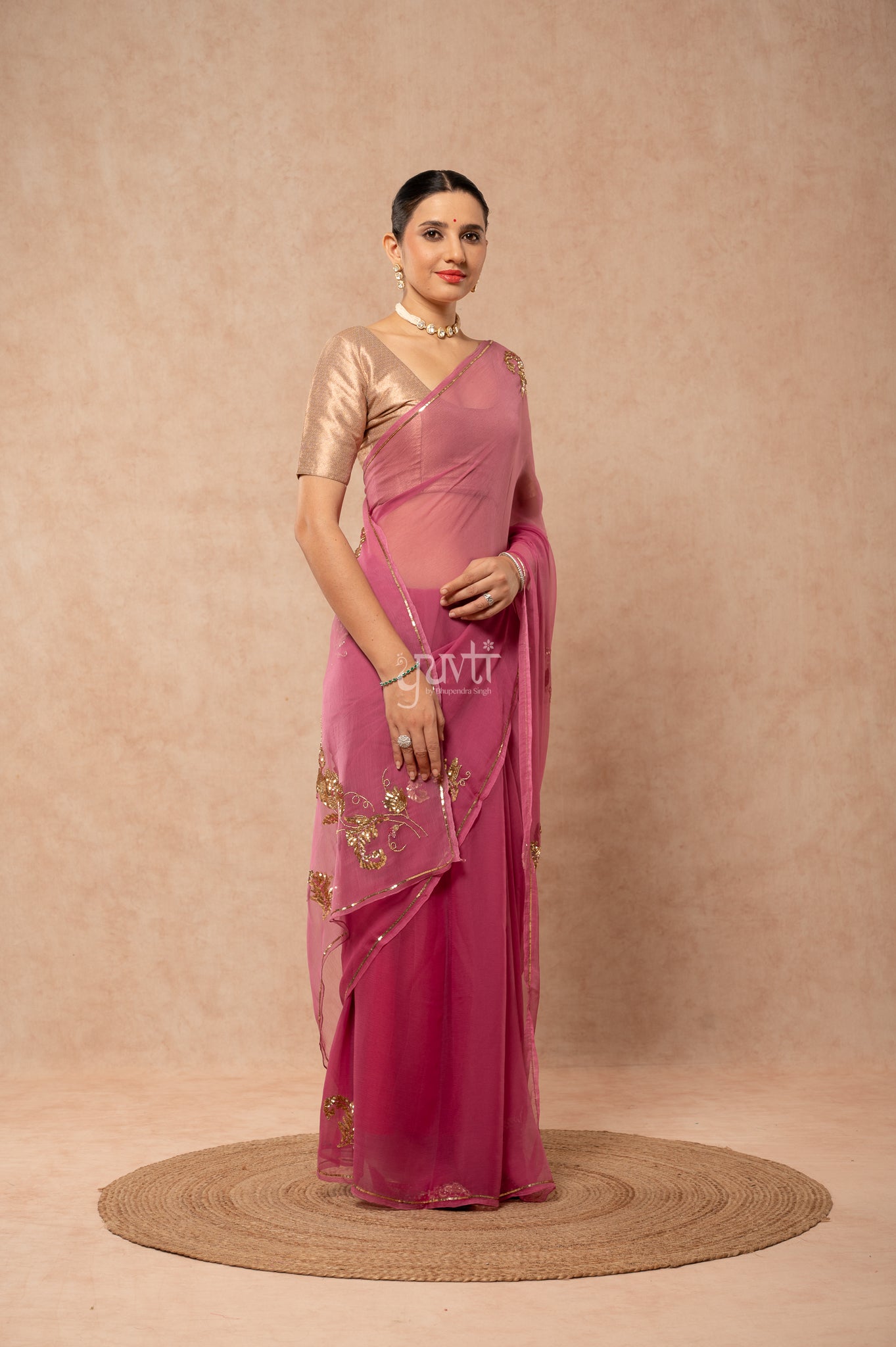 Rose Pink Viscose Chiffon Sequins Kardana Motifs ( Butti ) Handwork  Saree