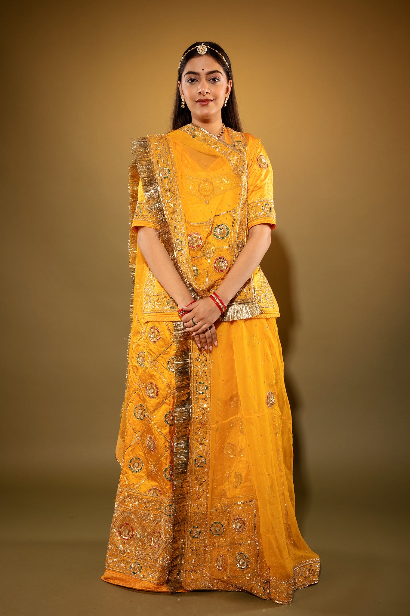 yellow Pure Silk Satin zardozi handwork rajputi Poshak  with Pure odhna