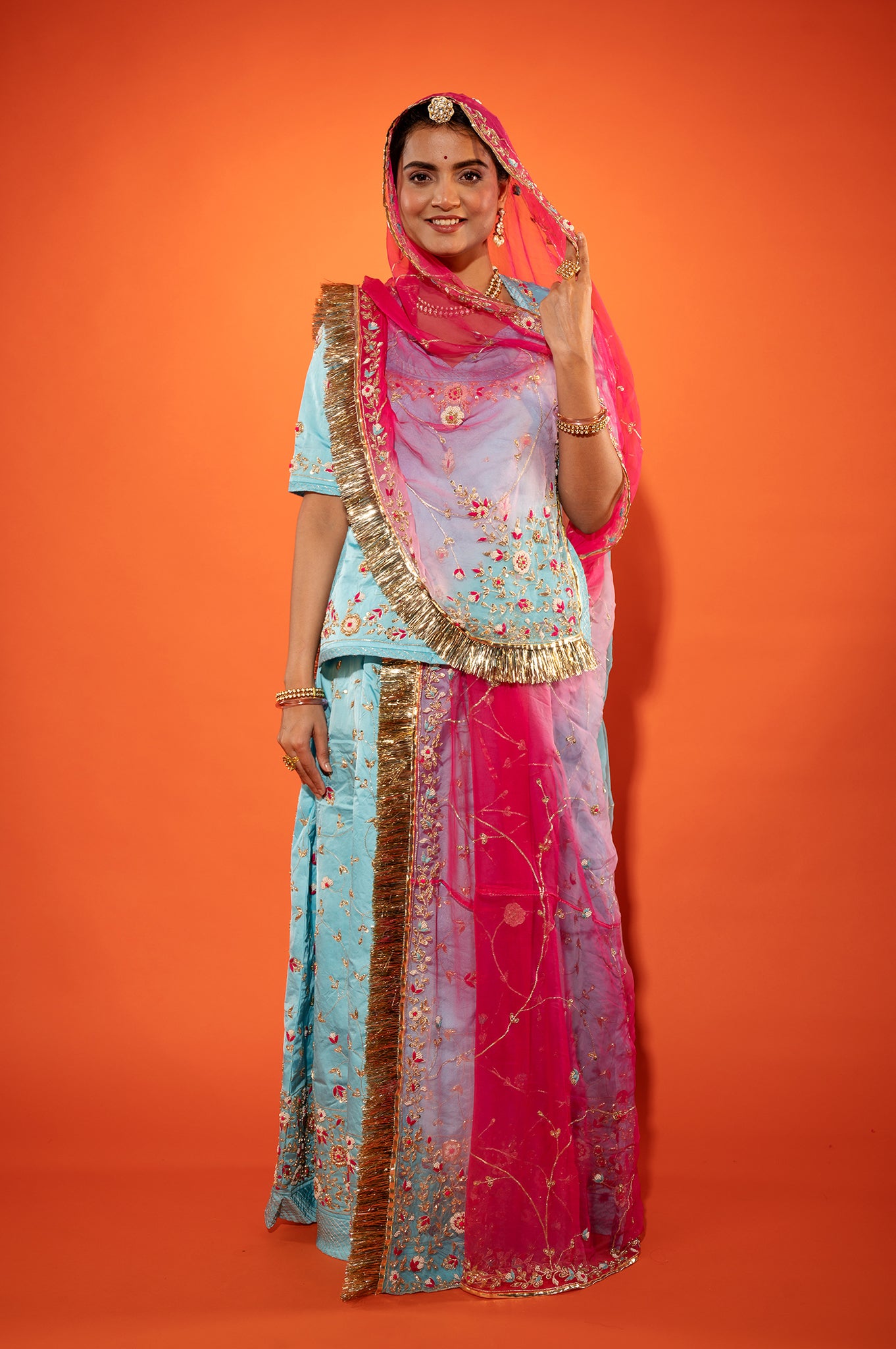 Sky blue bamber satin zardozi handwork rajputi Poshak  with Pure odhna