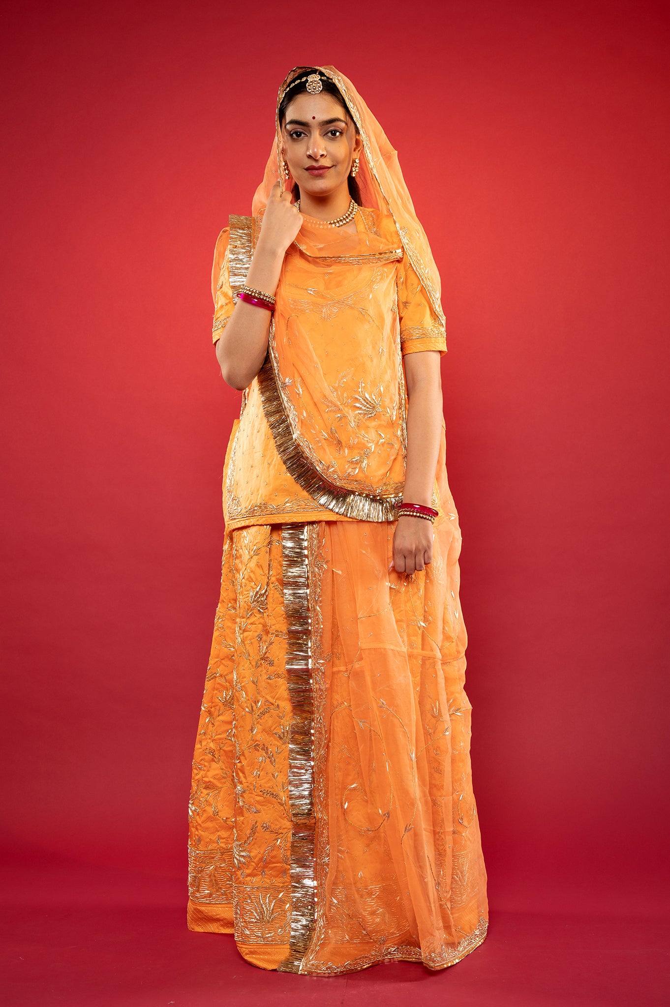 Peach Bamber Satin zardozi handwork rajputi Poshak  with Pure odhna
