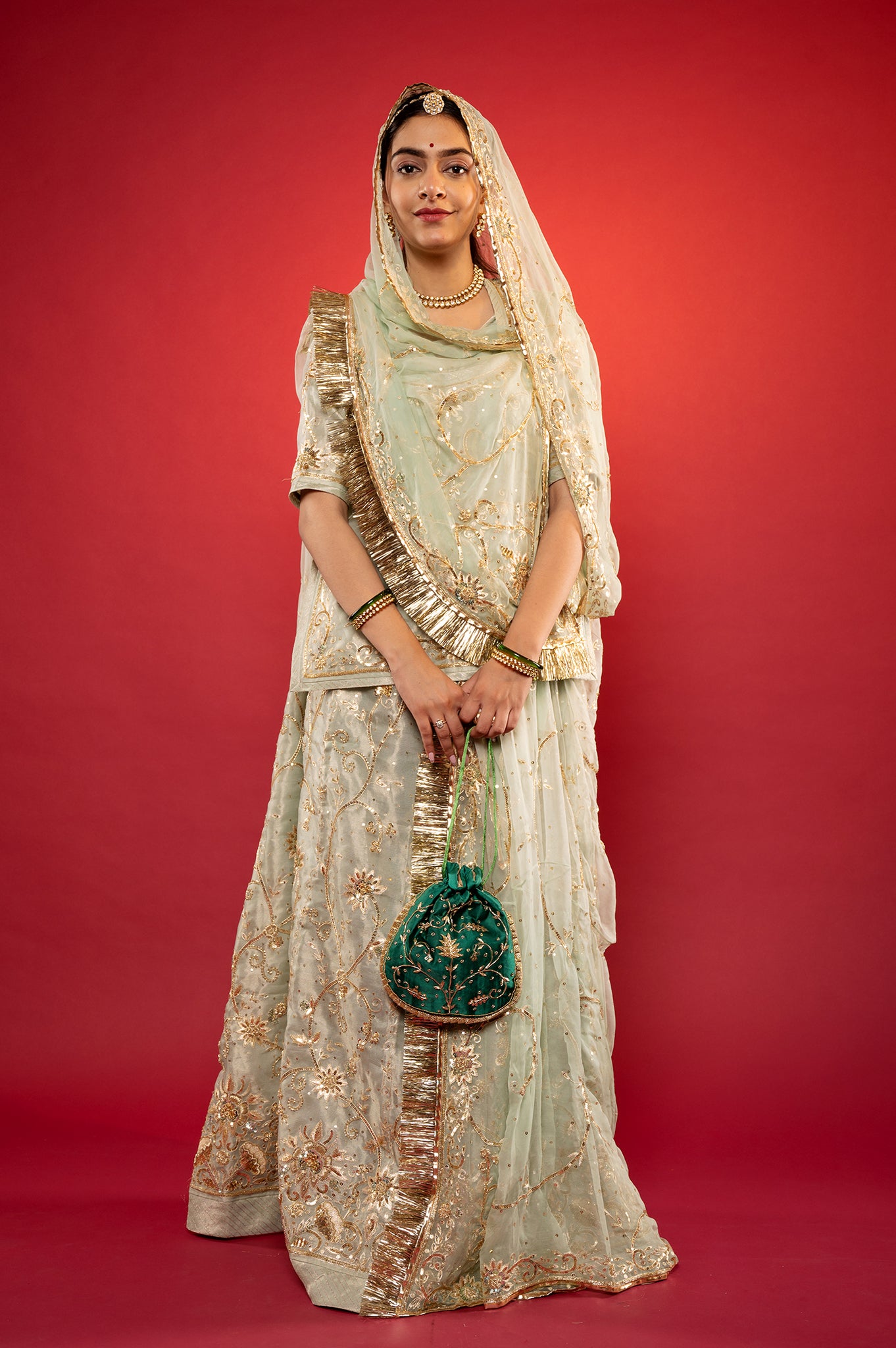 Sage Green Pure Tissue Aari Zardozi handwork rajputi Poshak  with Pure odhna