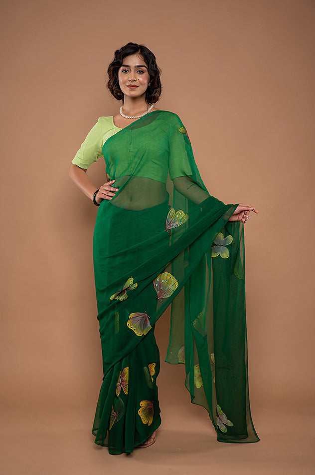 Viscose Chiffon Green Handpainted Saree