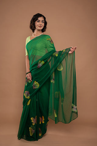 Viscose Chiffon Green Handpainted Saree