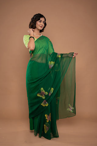 Viscose Chiffon Green Handpainted Saree