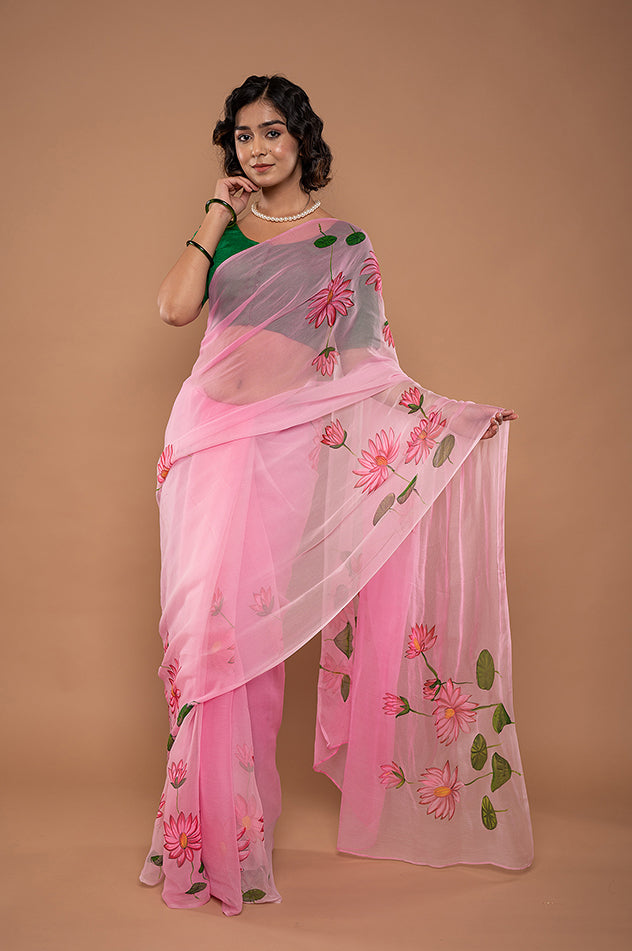 Viscose Chiffon Pink Handpainted Saree