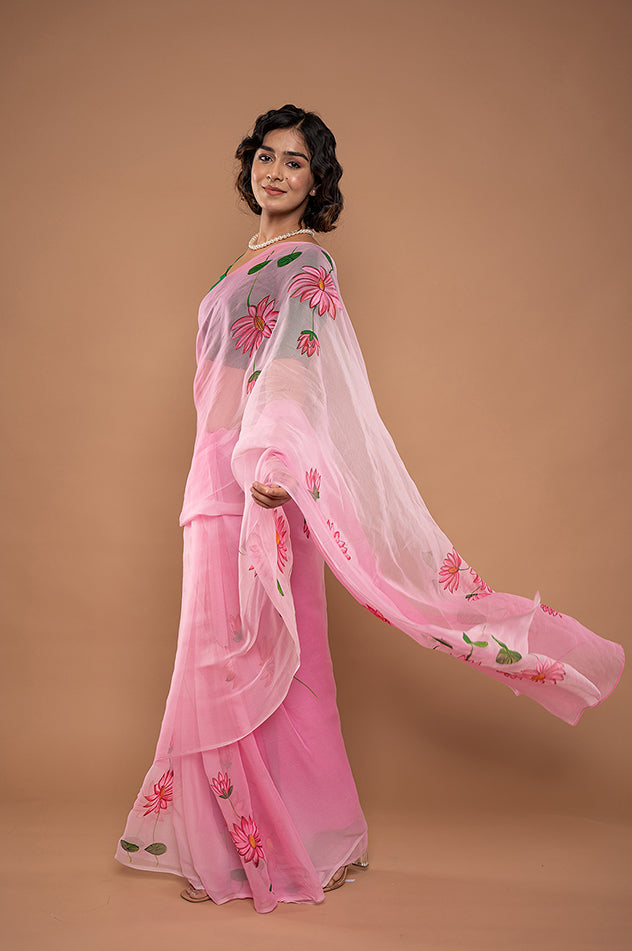 Viscose Chiffon Pink Handpainted Saree