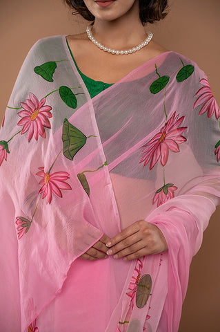 Viscose Chiffon Pink Handpainted Saree