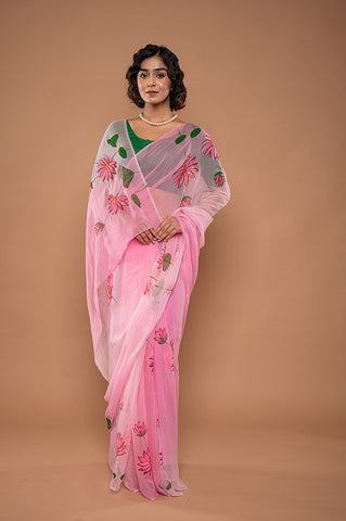 Viscose Chiffon Pink Handpainted Saree