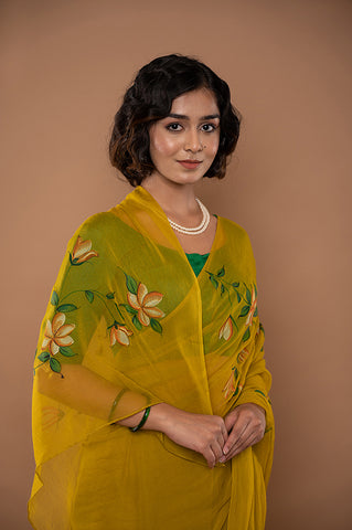 Green Viscose Chiffon Handpainted Saree