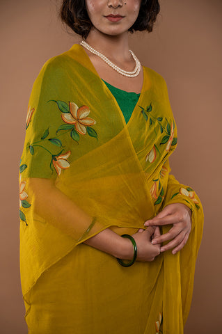 Green Viscose Chiffon Handpainted Saree