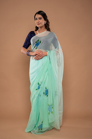 Viscose Chiffon Sky Handpainted Saree