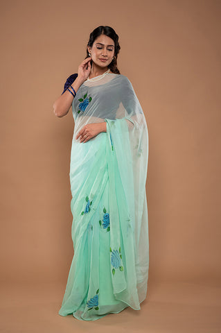 Viscose Chiffon Sky Handpainted Saree